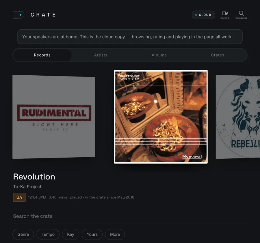 Crate on an iPad: records standing in the crate, covers facing you, with the track details below