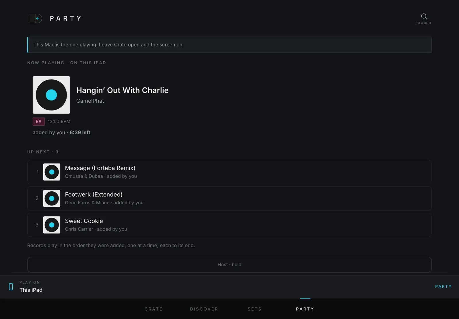 The party screen: now playing and the queue of records added by friends