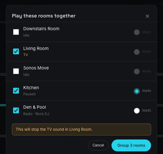 Grouping Sonos rooms, with a warning before the TV's sound is taken over