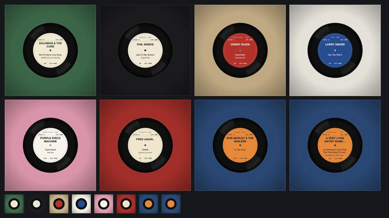 Eight record sleeves in different colours, each with a printed label